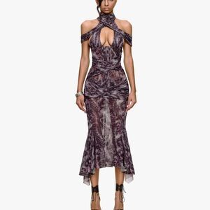 Purple Patterned Ruched Midi Dress